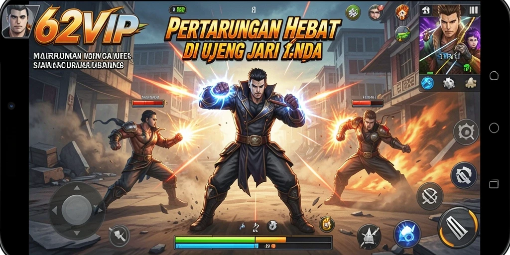 Tampilan dinamis aksi pertarungan dalam 62VIP.
