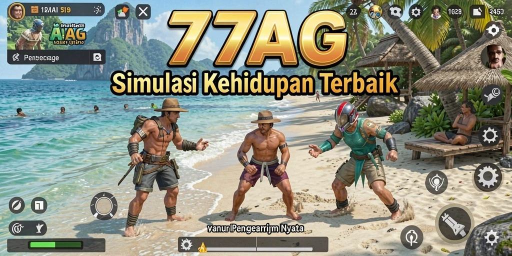 Screenshot gameplay 77AG menampilkan interaksi karyawan dan NPC dalam simulasi kehidupan.