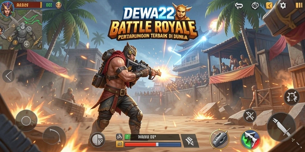 Tangkapan layar utama DEWA22 menampilkan aksi Battle Royale yang intens.