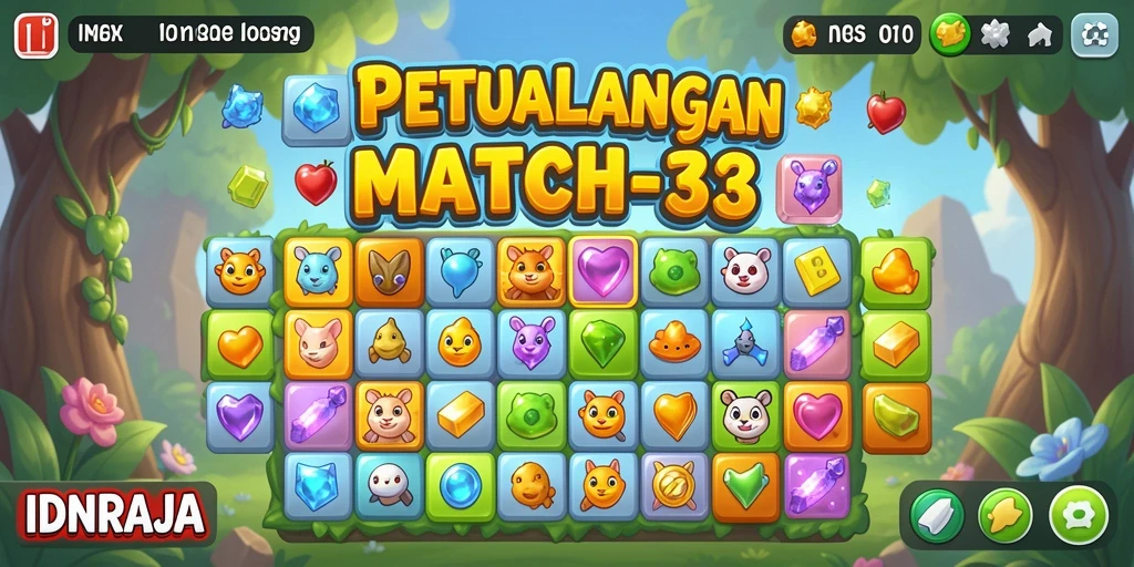 Gameplay menarik di IDNRAJA dengan level Match-3 yang penuh warna.