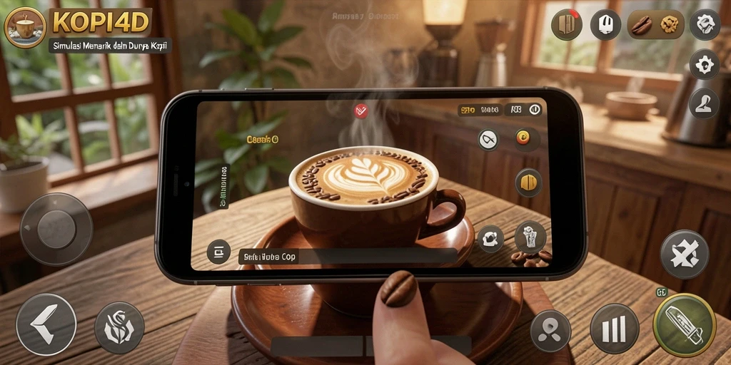Gambaran gameplay KOPI4D dengan interaksi pembuatan kopi.