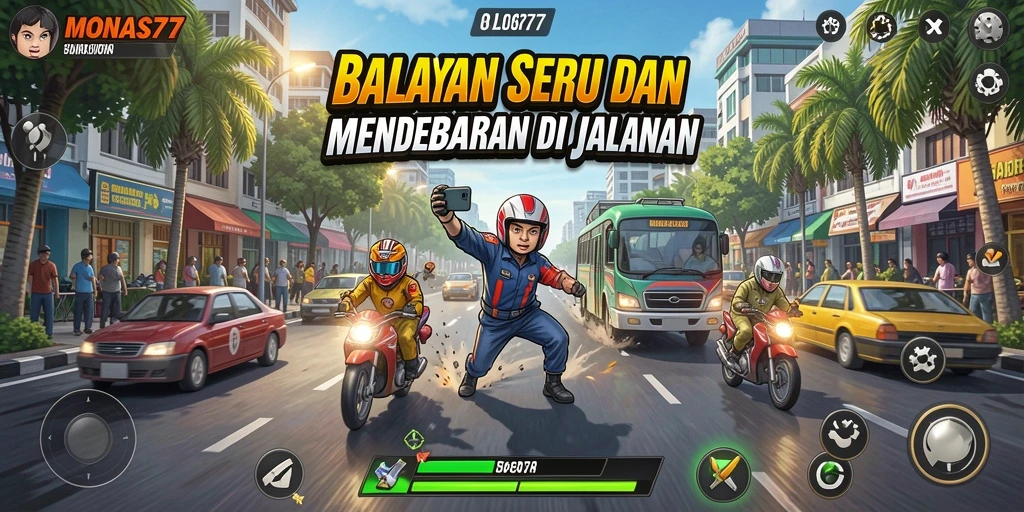 Screenshot utama MONAS77 menampilkan balapan intens di jalanan kota.