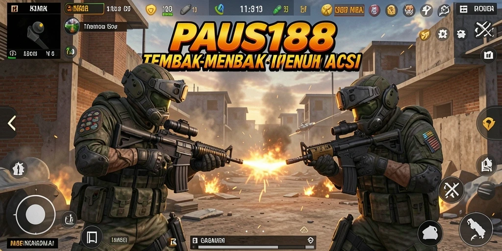 Screenshot utama PAUS188 menampilkan aksi tembak-menembak yang mendebarkan.
