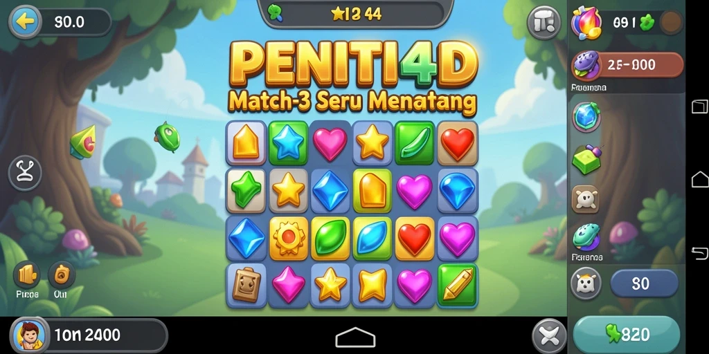 Screenshot PENITI4D menampilkan gameplay seru Match-3 dengan karakter menarik.