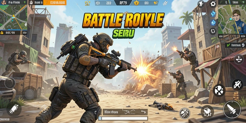 Screenshot menunjukkan pemain bertempur di arena Battle Royale yang mendebarkan.